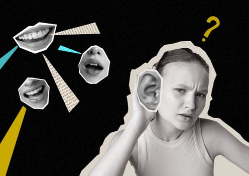 A girl with a questioning expression is depicted listening intently. Various stylized mouths illustrate the voices around her, highlighting the theme of communication and understanding.
