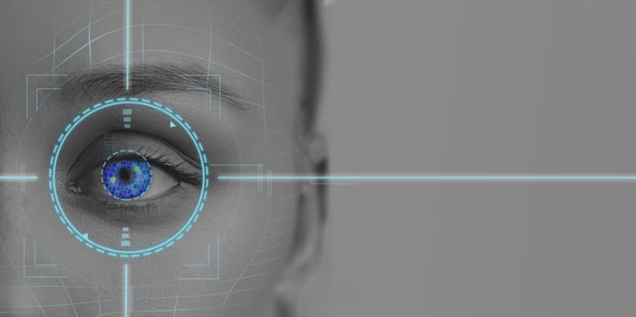 A close-up of a human eye features advanced biometric scanning technology overlaying it. The eye displays striking blue iris patterns, emphasizing security and identification features.