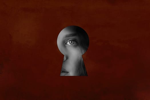 A keyhole reveals a woman's eye, showcasing intrigue and mystery. The textured brown background enhances the emotional depth and curiosity in the scene.