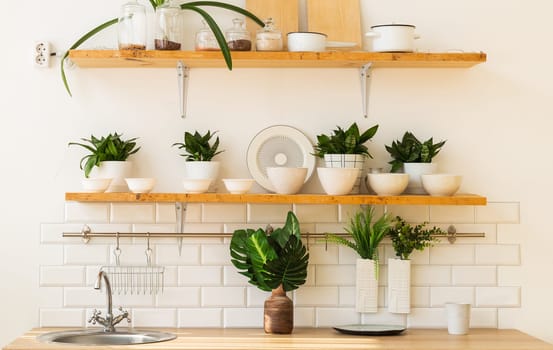 Stylish scandinavian open space with kitchen accessories and plants