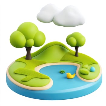 Whimsical, cartoonish depiction of a miniature, round island with trees, hills, and a pond, perfect for a children's book or  art asset.