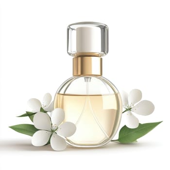 Rendered image of a perfume bottle, surrounded by spring flowers, set on a plain white background. The bottle design is simple, yet visually appealing.