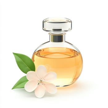 Three-dimensional rendering of a round glass perfume bottle, filled with an amber liquid, set against a white backdrop.  A delicate blossom and leaves add a touch of nature to the image.
