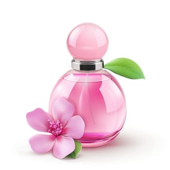 Glossy pink perfume bottle,  rounded and elegant,  featuring a delicate blossom and leaves.  It is set against a plain white background.