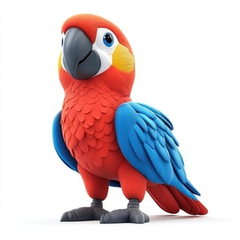 Digitally rendered, cartoon-style illustration of a parrot, featuring vibrant red, blue, and yellow plumage, positioned against a simple white background.