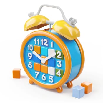Cheerful, colorful digital alarm clock, rendered in 3D, with orange and blue hues, and small blocks of varying colors positioned near it.