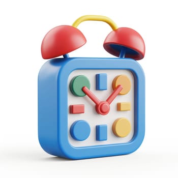 Playful, colorful, and geometrically-shaped digital alarm clock, rendered in 3D with vibrant primary colors, isolated against a plain white backdrop.