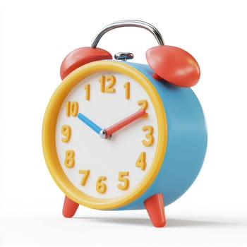 Bright, cheerful, three-dimensional digital alarm clock in a  setting with a simple background.  The clock's face and hands show a specific time.