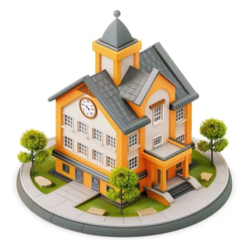 Detailed, colorful 3D model of a small school building, set on a circular base with landscaping. The perspective is isometric, highlighting the building's features and surroundings.