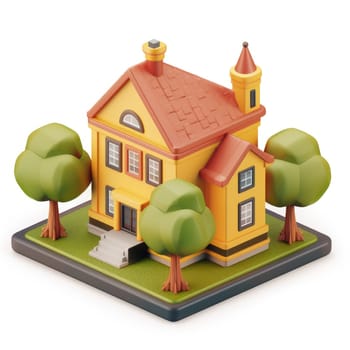 Rendered, stylized illustration of a school building, presented from a high-angle, isometric perspective.  The design is bright and engaging, with a cheerful color palette.