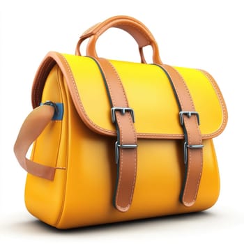 Three-dimensional rendering of a vibrant yellow handbag featuring brown leather-like accents and straps. The bag is isolated against a white backdrop.