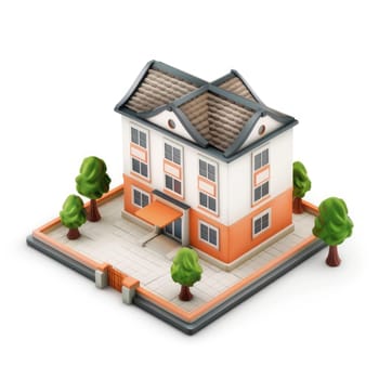 Detailed 3D model of a two-story house, set on a square base, with trees and a walkway.  It is displayed in an isometric perspective against a white background.