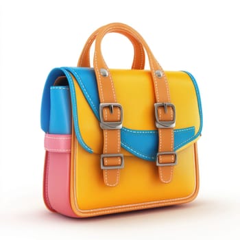 Vibrant, colorful satchel bag, rendered in 3D, displayed against a plain white background.  Its design features a variety of bright colors and distinct textures.