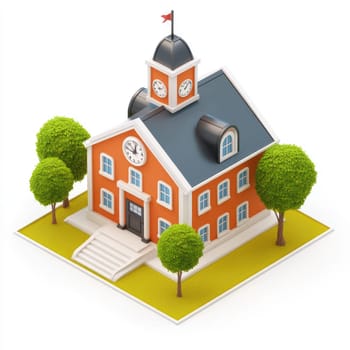 Three-dimensional, rendered view of a school building, situated on a grassy area, with stylized trees around it.  The building is presented in an isometric perspective.