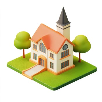 Cartoonish, isometric representation of a school building with stylized trees in a grassy area.  The design is vibrant and brightly colored.