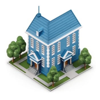 Stylized, isometric representation of a small, two-story house with a blue exterior.  Trees and grass surround the property.