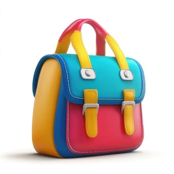 Vibrant, colorful, three-dimensional illustration of a child's satchel, presented against a plain white backdrop. The bag's design is characterized by bright hues and a modern aesthetic.