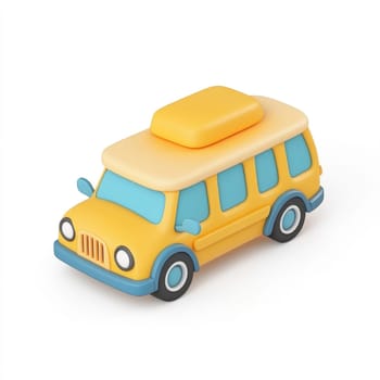 Bright yellow, cartoon-style school bus, designed for children, presented in a simple 3D model format.