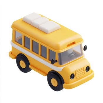 Three-dimensional rendering of a bright yellow toy school bus, presented from a high-angle, front-facing perspective.  It is simple and isolated against a white backdrop.