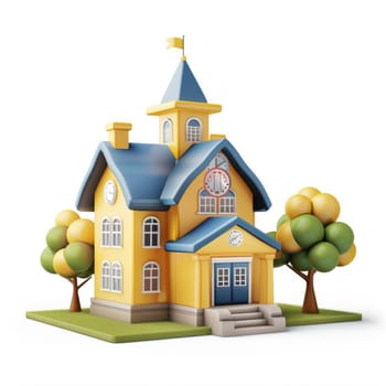 Vibrant, cartoon-style representation of a small school building with decorative accents, placed on a grassy area against a white background.