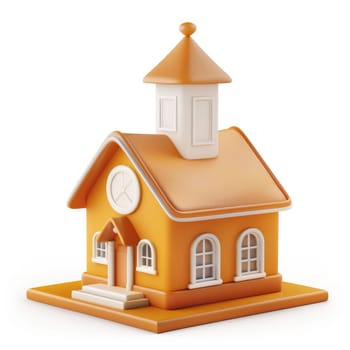 Cheerful, stylized representation of a small building, rendered in vibrant orange and set against a plain white backdrop.