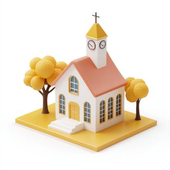 Stylized, rendered model of a church, with autumnal color scheme and simple design elements.  It sits on a yellow base, with trees on either side.