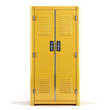 Bright yellow,  metal storage cabinet,  with double doors,  presented in a front-facing,  isolated,  digital render.