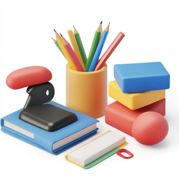 3D rendering of vibrant, colorful stationery items, arranged on a plain white background.  The objects include pencils, erasers, a stapler, and a book.