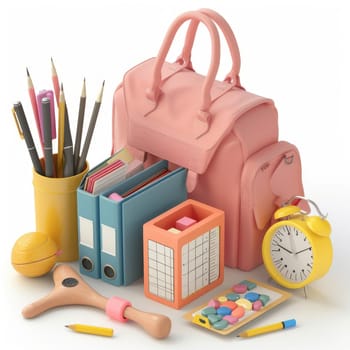 Vibrant display of assorted school supplies, including a backpack, pens, pencils, folders, and other accessories, arranged in a three-dimensional composition.