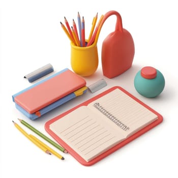 Collection of brightly colored stationery items, including pencils, a notebook, and a pen holder, arranged on a plain white surface. The items are depicted in a stylized 3D rendering style.