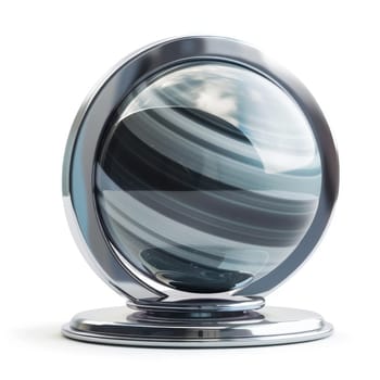 Stylized, spherical object with a polished chrome base and a multi-banded, gray-and-black design; isolated on a plain white background.