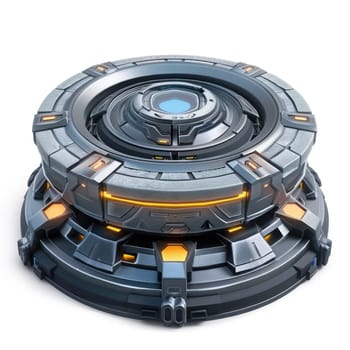 3D render of a futuristic, circular, metallic platform with complex, mechanical components and bright orange accents.