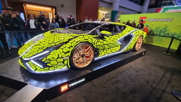 Toronto, ON Canada - 02.19.2023: Spectacular Lego Sports Car Replica Displayed at Exhibition, Automotive Engineering Marvel.
