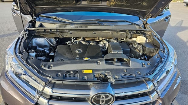 Ottawa, ON Canada - 09.09.2023: Toyota Vehicle Engine Bay Ready For Inspection, Mechanical Maintenance and Repair Work. Car Motor Closeup.