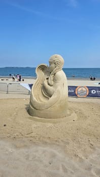 Boston, MA USA - 08.05.2024: Intricate Sand Sculpture Artistry Displayed on Beach, Captivating Coastal Charm and Creativity.