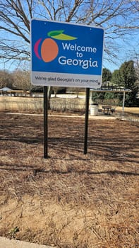 Lavonia, GA USA - 12.25.2024: Scenic Welcome to Georgia Sign on Display Amidst Natural Beauty, Tourist Destination.