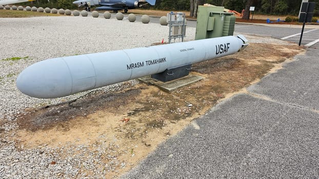 Eglin AFB, FL USA - 12.27.2024: Vintage Missile Display at an Outdoor Museum, Symbol of Military Technology and History.