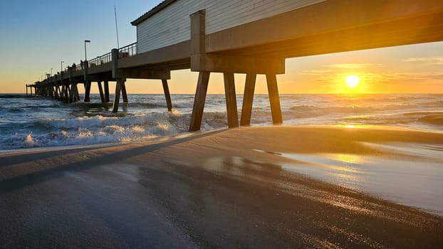Fort Walton Beach, FL USA - 12.29.2024: Golden Hour at the Pier Serene Ocean Waves and Coastal Beauty at Sunset. Breathtaking View.