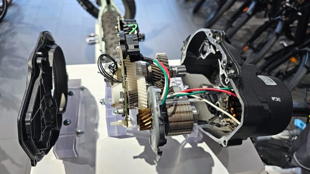Ottawa, ON Canada - 06.29.2024: E-Bike Motor Exposed A Glimpse into Electric Bicycle Engineering and Mechanical Components.