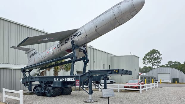 Eglin AFB, FL USA - 12.27.2024: Vintage Missile Display at a Museum, Cold War Relic, Historic Aerospace Technology Showcase.