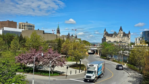 Ottawa, ON Canada - 05.14.2025: Urban Landscape with Buildings and a Truck on a Sunny Day in Ottawa, Canada. Scenic Skyline