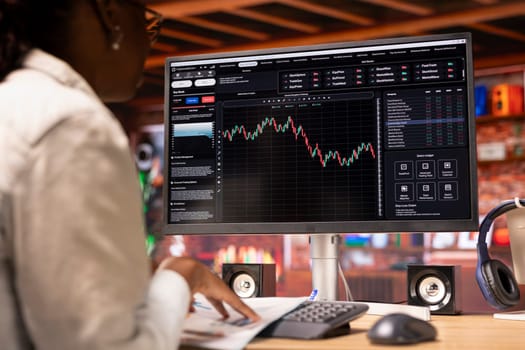 Day trader in home office purchasing stocks performing well, selling to gain money using PC display. Close up of woman browsing though stock exchange portfolio shares on computer screen