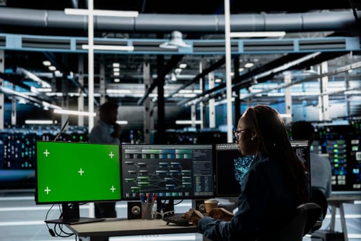 Server hub expert using AI programming language on chroma key computer to configure specialized hardware. Data center engineer using artificial intelligence neural networks on isolated screen PC