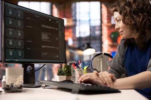 Worker uses AI chatbot system on a computer to guide her through problem solving tasks, futuristic technology highlights smart algorithms and machine learning. Communication and IT support.