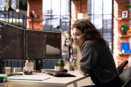 Stock market investor monitors digital charts and candlestick patterns on a financial interface. PC displays trading statistics, make data driven investment decisions and manage risks.