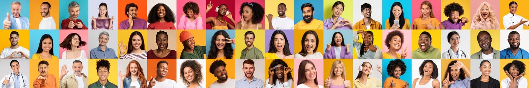 A collection showcasing a variety of faces from diverse backgrounds, each person radiating joy and individuality in bright, colorful settings. Celebrating diverse lifestyle and unity.
