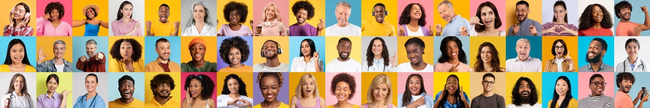 A vibrant collage showcases diverse individuals smiling and expressing joy. Each portrait highlights the beauty of cultural differences against bright, colorful backgrounds.