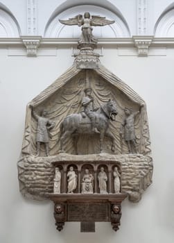 London, UK - May 07, 2025 - Equestrian monument to Marchese Spinetta Malaspina and The five small statues in the niches of the cenotaph displayed in The V&A (Victoria and Albert Museum) in London. Its equestrian form is typical of Verona, use it as your Wallpaper, Poster and Space for text, Selective focus.