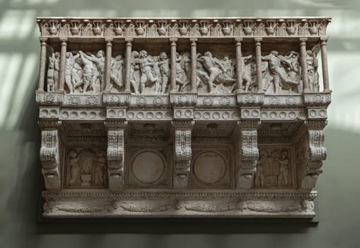 London, UK - May 07, 2025 - The Cantoria or Singing Gallery, Plaster cast of the cornice and columns which forms part of the cantoria after marble original displayed in The V&A (Victoria and Albert Museum) in London, use it as your Wallpaper, Poster and Space for text, Selective focus.