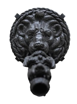 London, UK - May 07, 2025 - Renaissance bronze sculptures of a lion and grotesque serpent on the water spout, Part of a wall fountain with The lion held the beast in its mouth isolated on white background with clipping path. use it as your Wallpaper, Poster and Space for text, Selective focus.